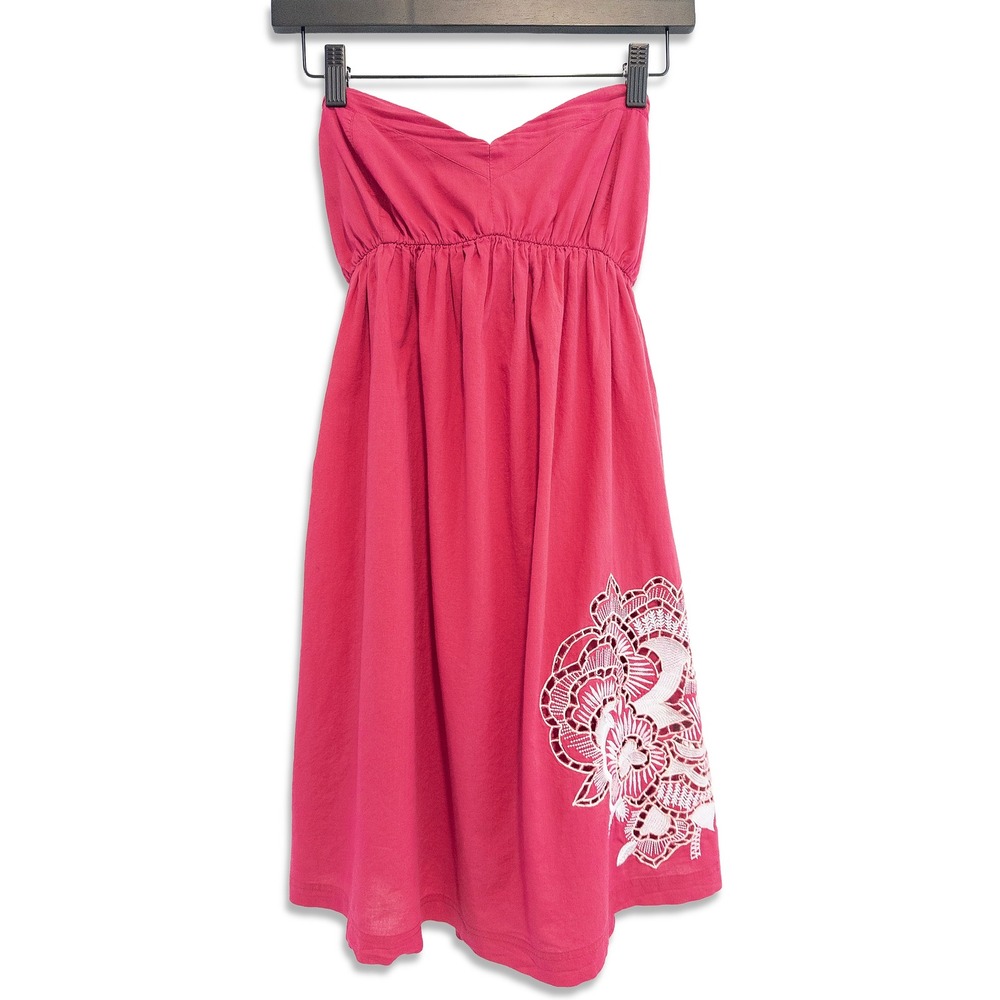 Element Strapless Dress Womens Hot Pink Embroidered Cotton Boho Sun Dress